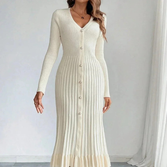 Apricot Elegant Women's V-Neck Long Sleeve Buttoned Pleated A-Line Sweater Dress - Picture 5 of 6